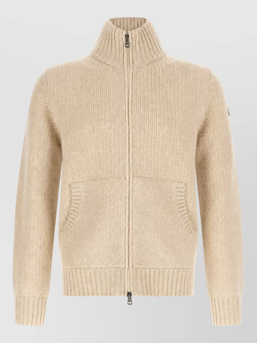 Moncler wool cashmere ribbed high neck cardigan