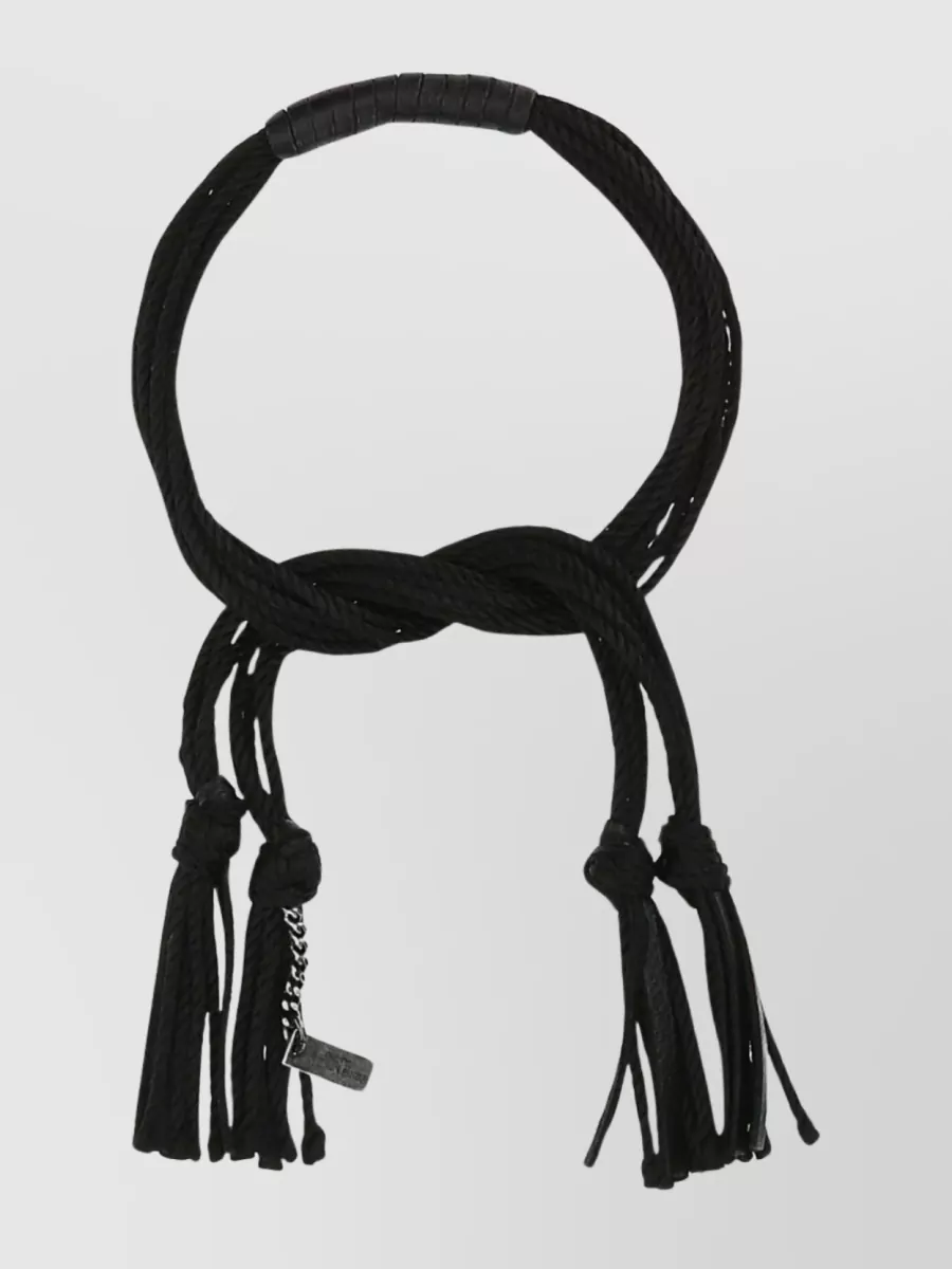 Shop Saint Laurent Textured Braided Bracelet With Tassel And Knotted Design In Black