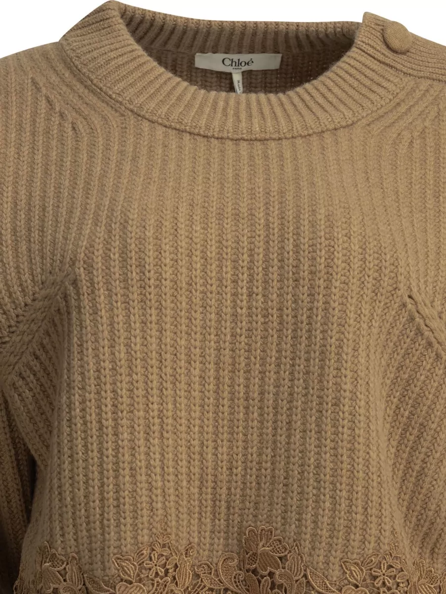 Chloé Cashmere Wool Cropped Ribbed Lace-Trim Sweater