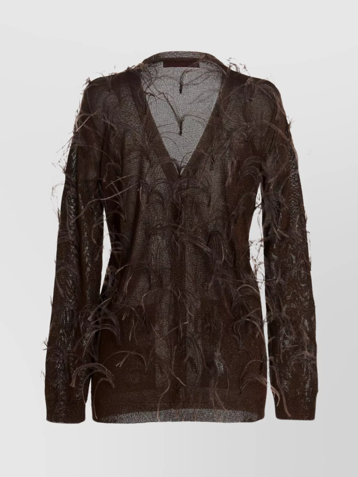 Valentino 'feather V-neck Sheer Cardigan With Ribbed Cuffs' In Brown