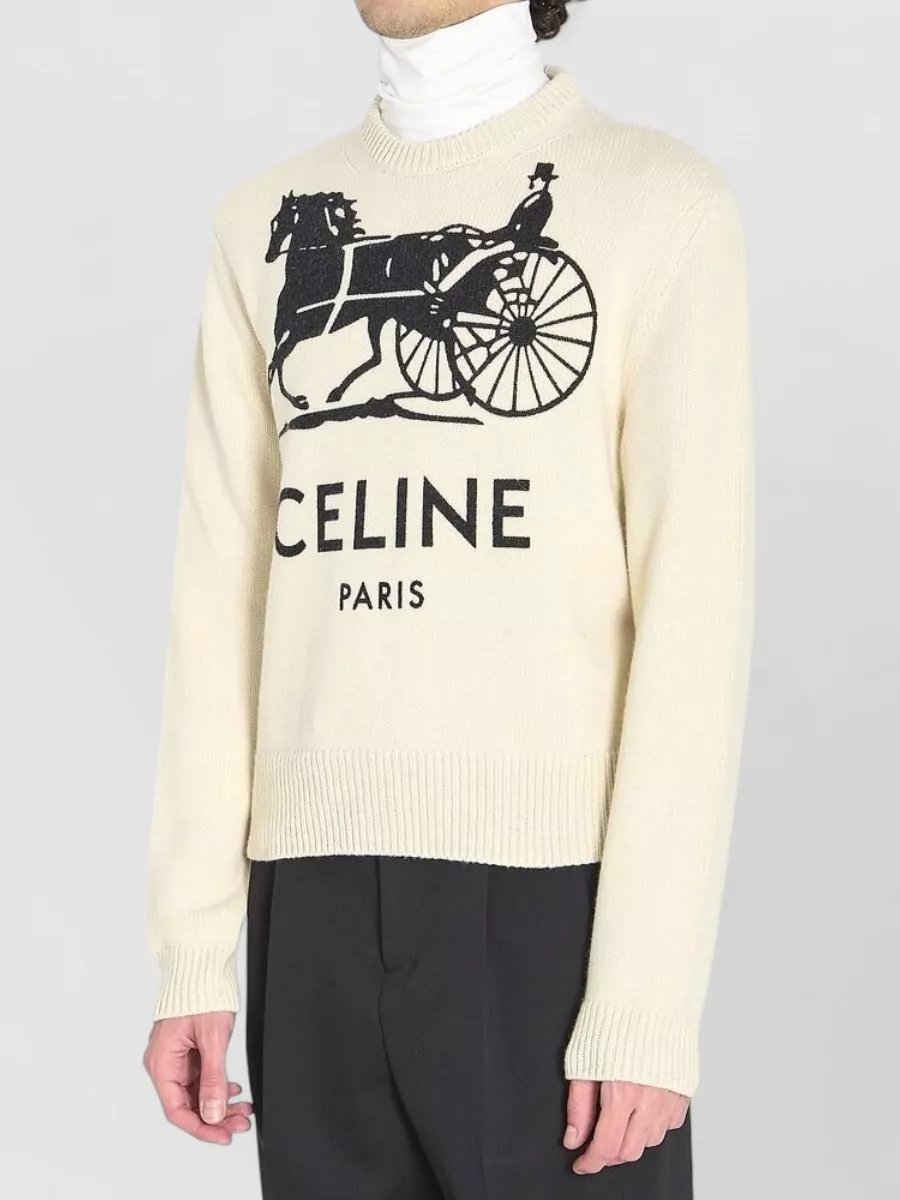 Celine Cashmere Logo-Print Ribbed Crew-Neck Sweater