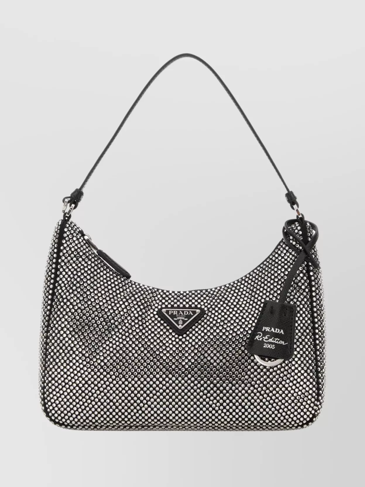 Prada Satin Shoulder Bag With Top Handle And Rhinestones In Gray
