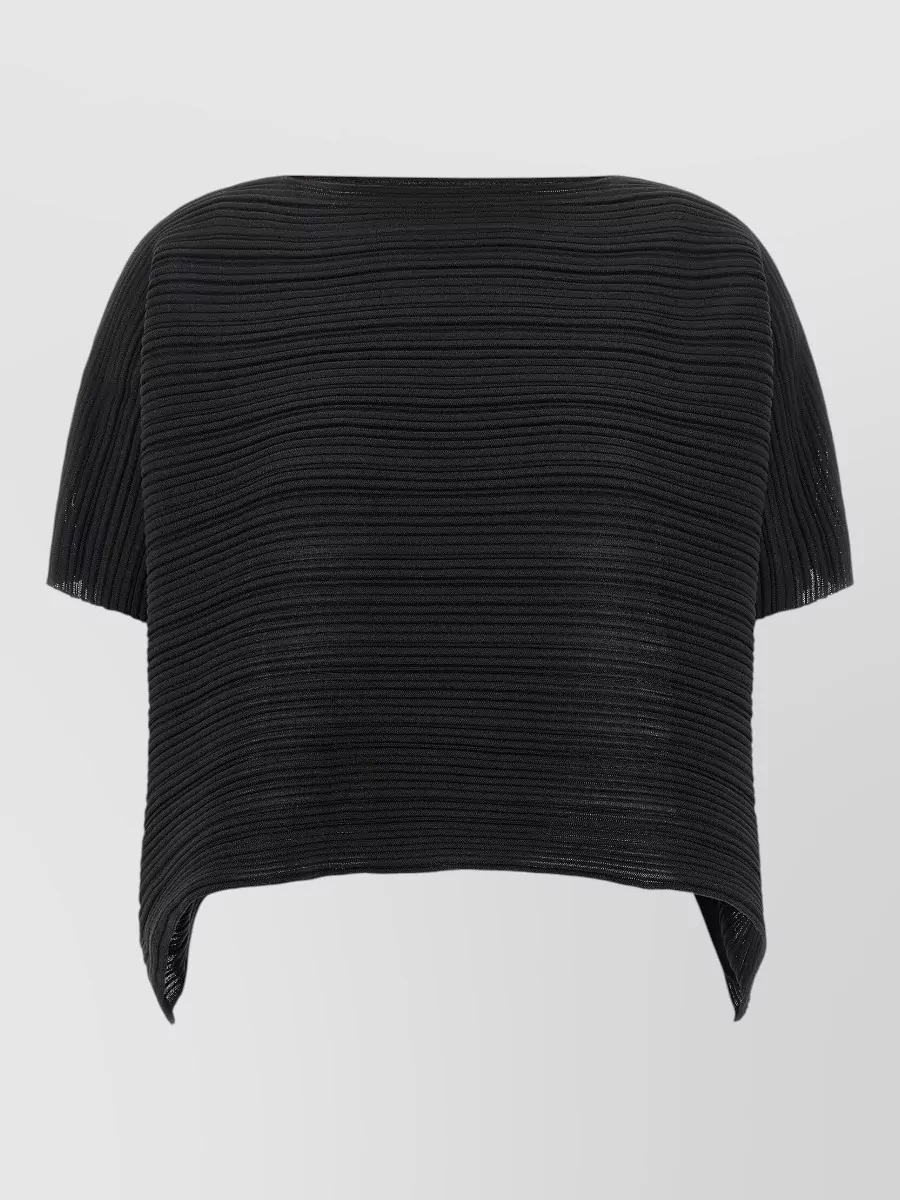 Pleats Please Issey Miyake ribbed cropped boat neck short sleeve knitted top