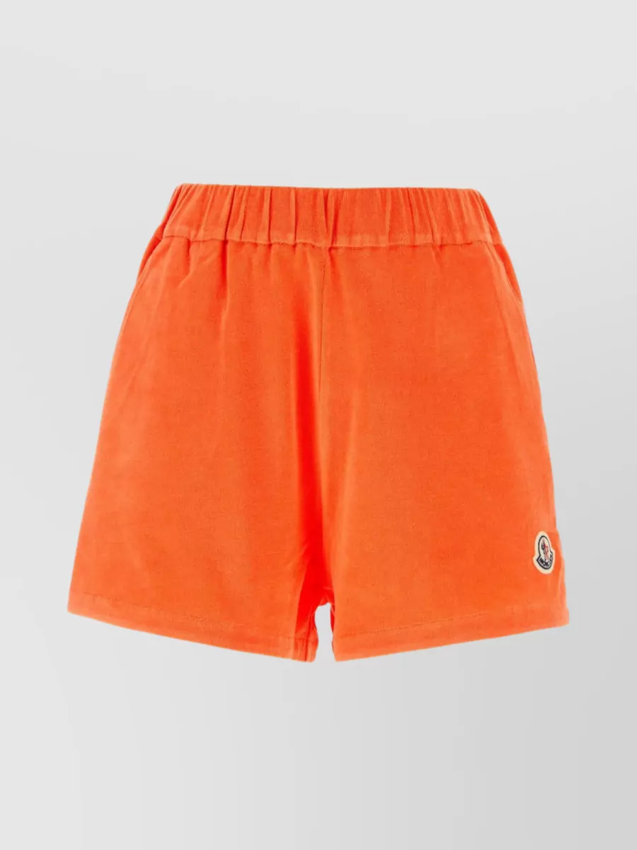 Shop Moncler Chenille Elastic Waist Shorts With Slant Pockets In Orange