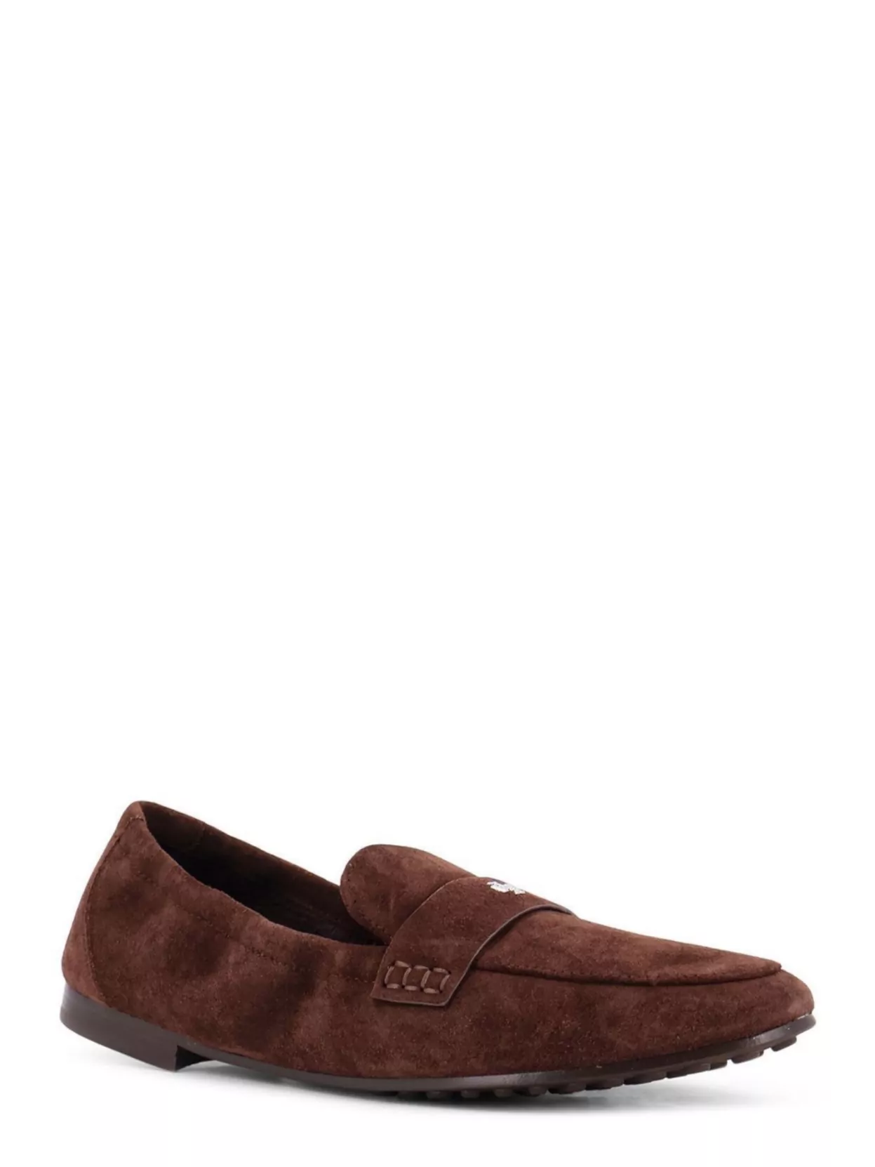 Tory Burch Suede Loafers Featuring Metal Logo Design