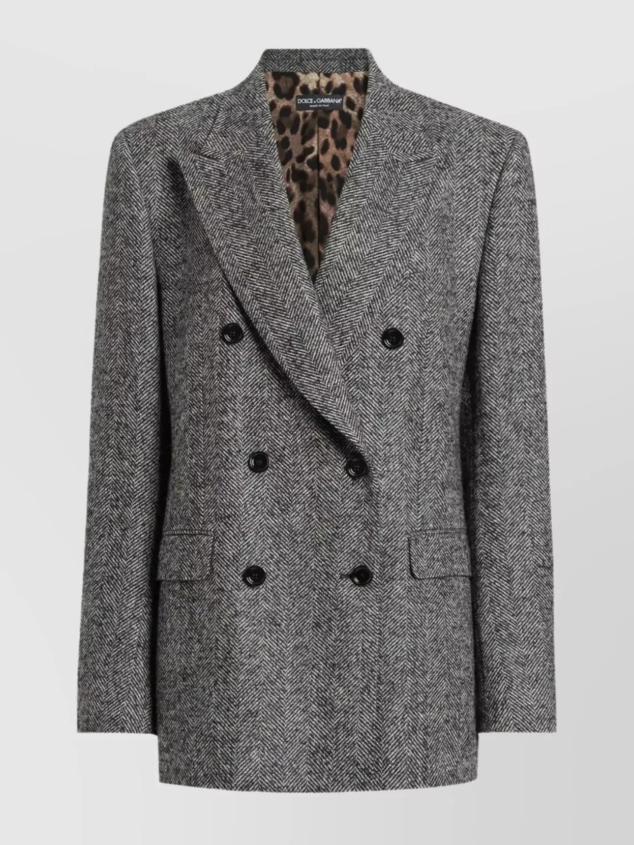 Dolce & Gabbana Herringbone Jacket Double-breasted Animal Print Lining In Gray