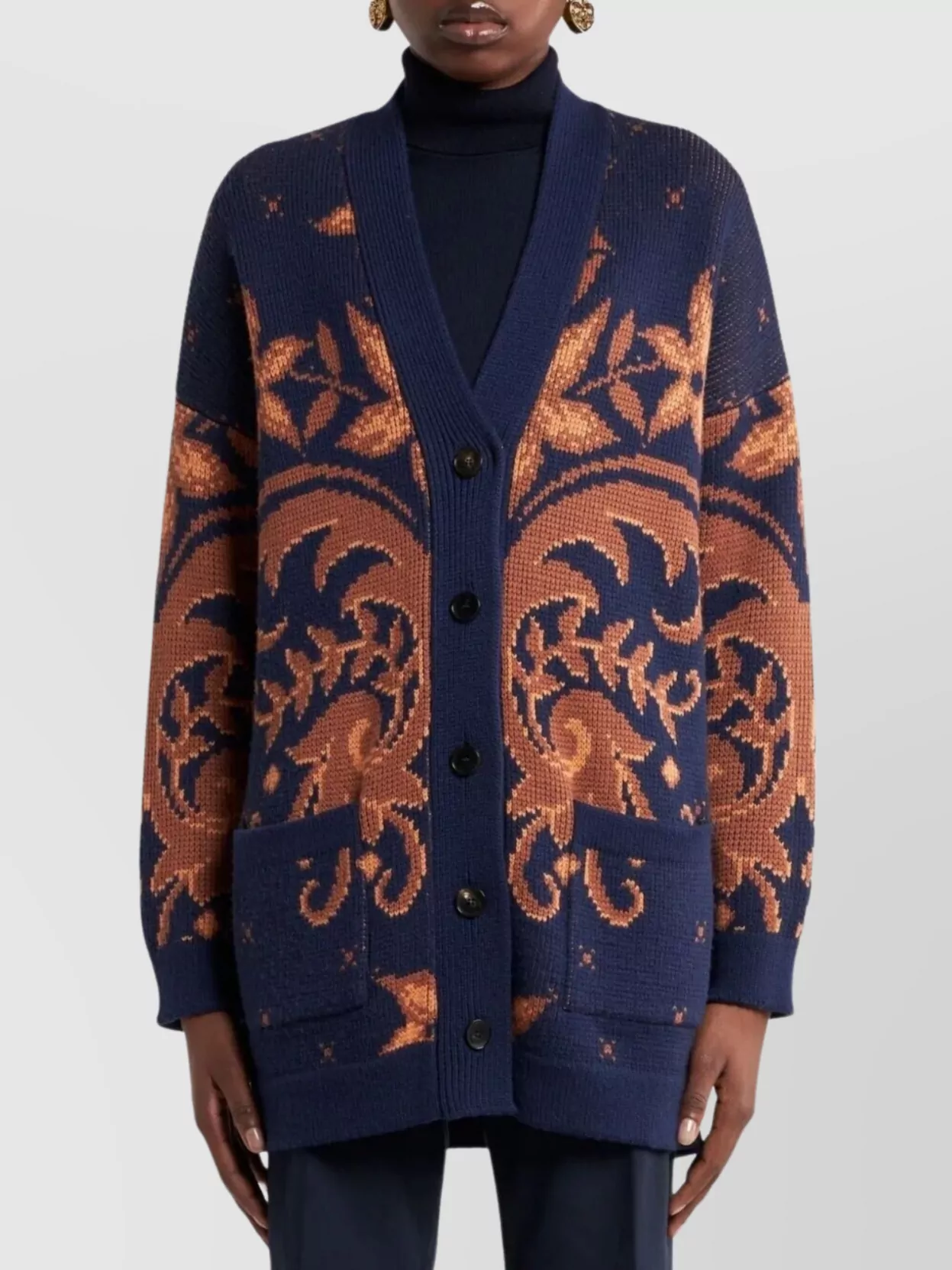 Etro Wool Jacquard V-neck Cardigan With Front Pockets In Blue