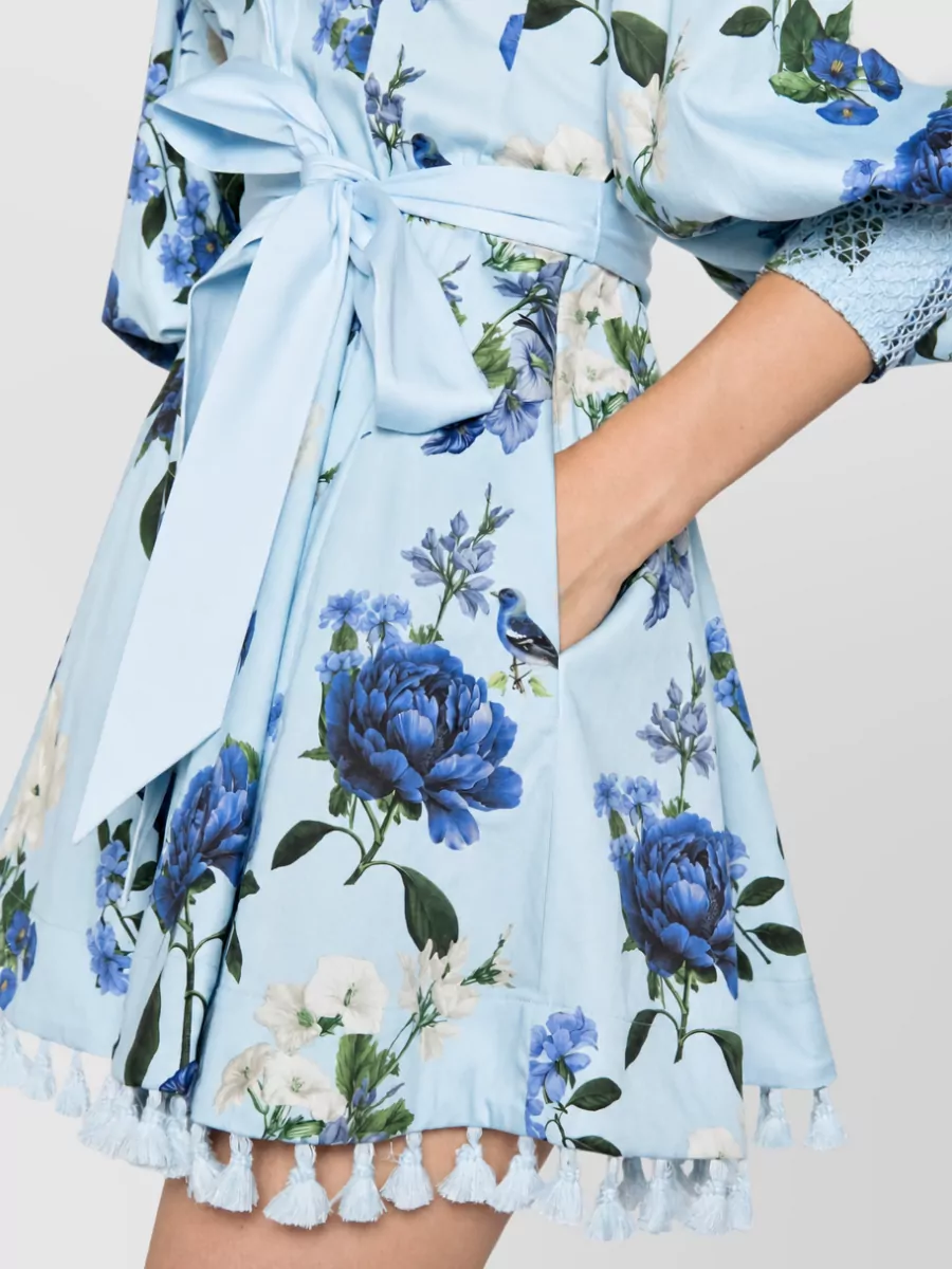 Alice + Olivia Floral-Print V-Neck Puff-Sleeve Tie-Waist Mini Shirtdress