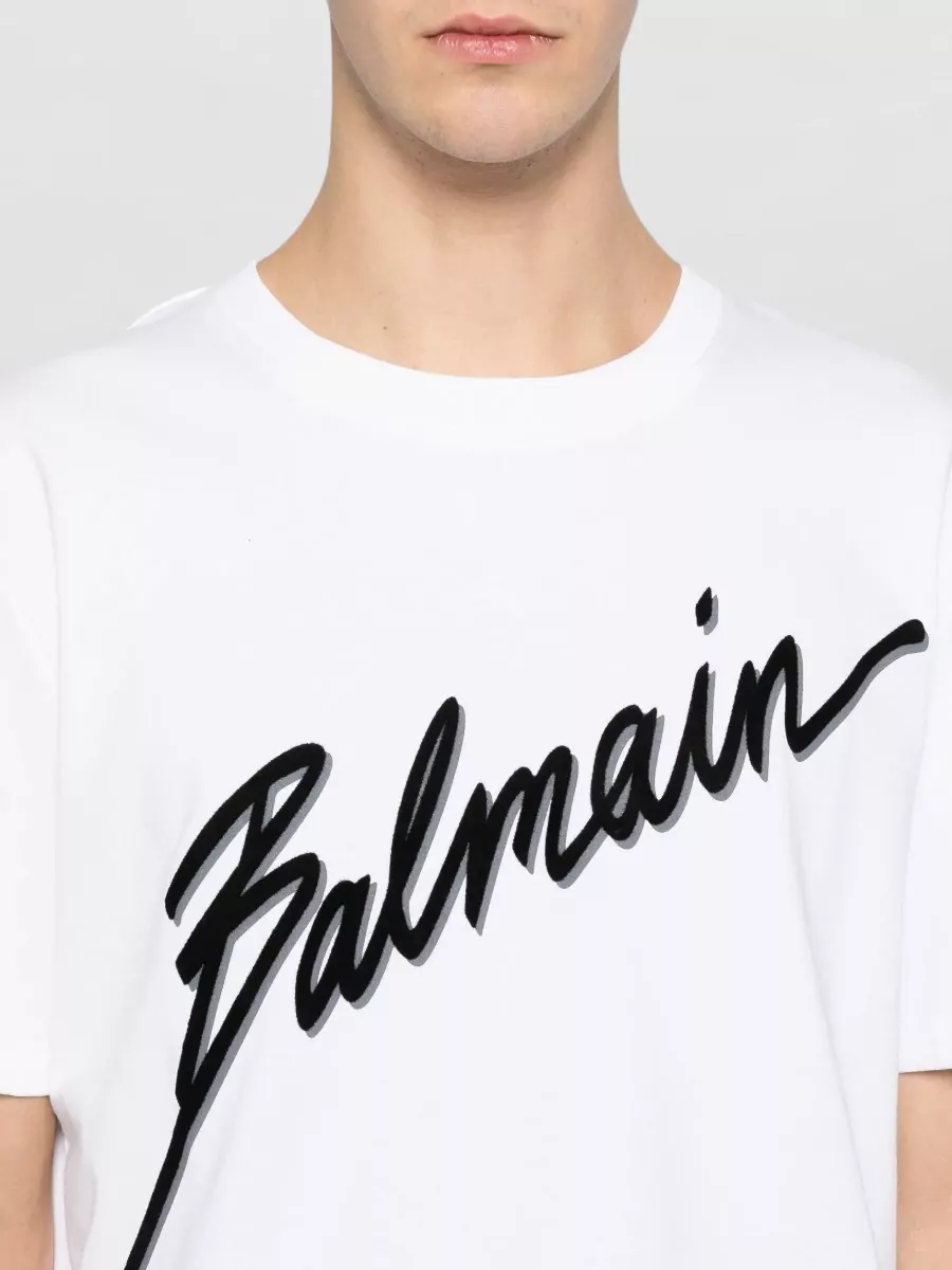 Balmain Letter Logo Flock Print Short Sleeve T Shirt