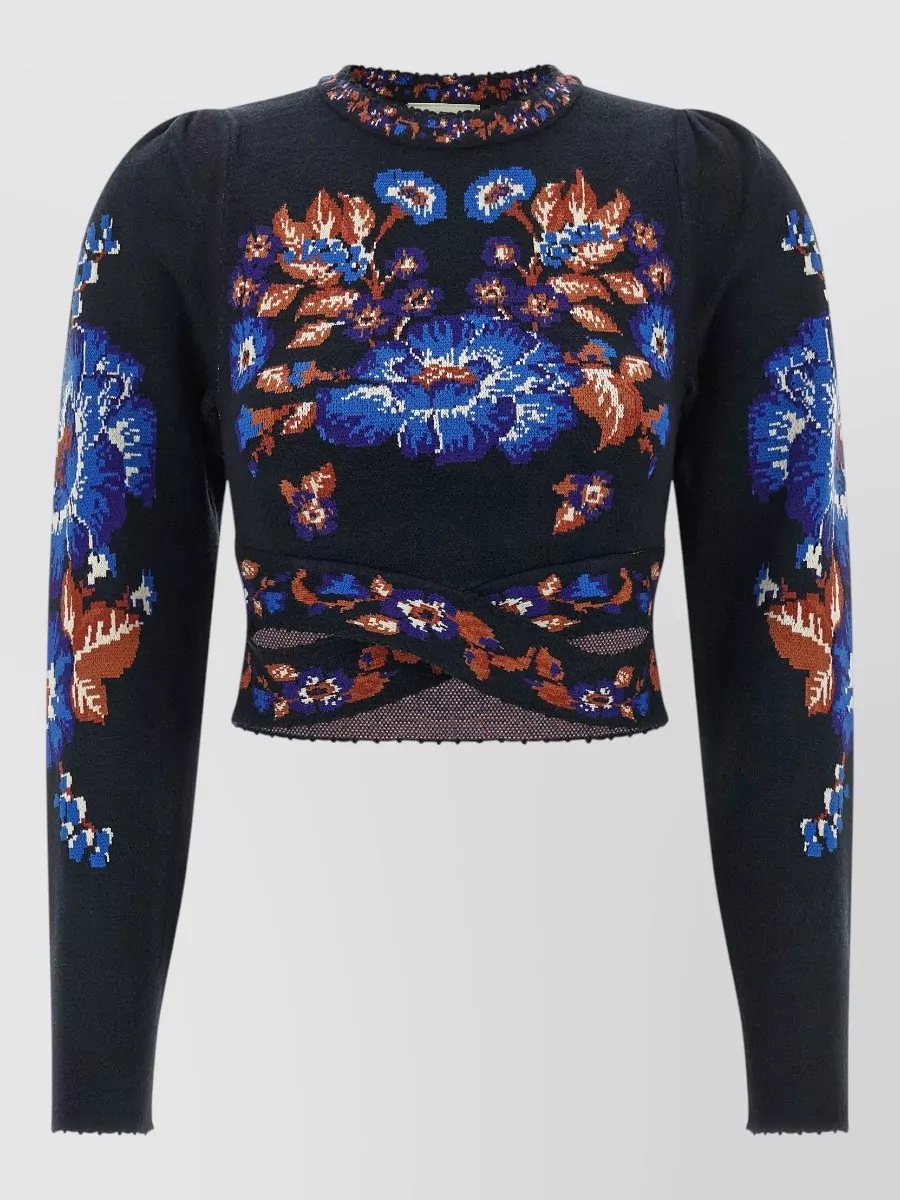 Farm Rio floral-knit cropped long-sleeve top