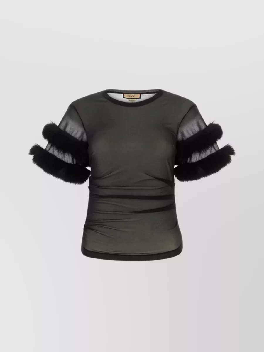 Shop Gucci Sleeved Crewneck With Fur Trim And Ruched Detailing In Grey
