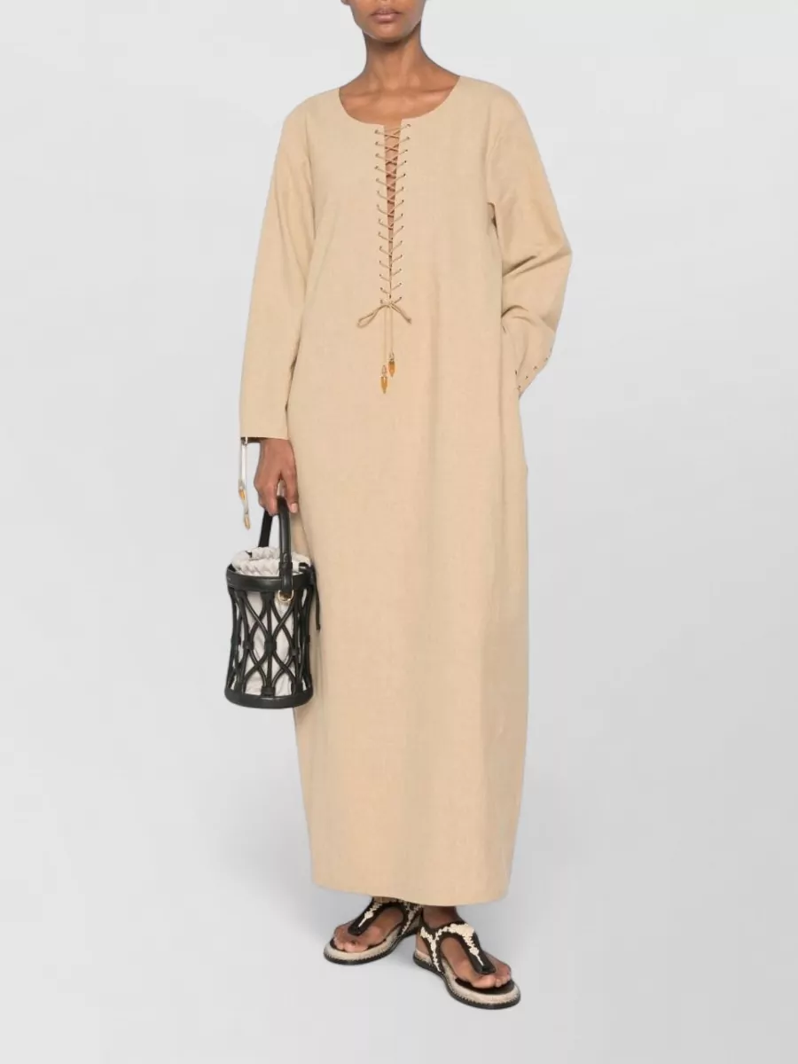 Tory Burch Linen Lace-Up Long-Sleeve Maxi Dress
