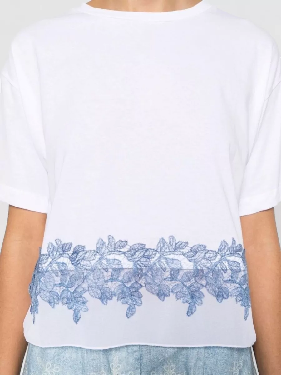 Ermanno Firenze Embroidered Sheer Panel Cotton Short-Sleeve T-Shirt