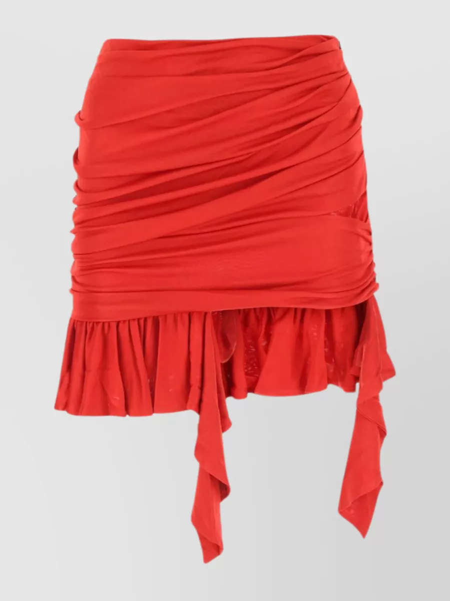 Shop Andreädamo Viscose Mini Skirt With Draped Waistband And Ruffled Hem In Red