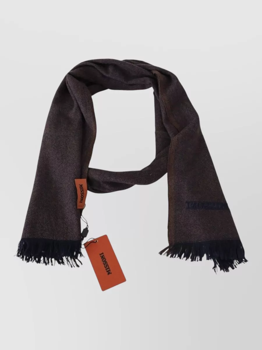 Missoni Cashmere scarf — The Missoni navy and espresso scarf deepens the brown story and introduces a subtle navy accent, giving warmth and refinement without breaking the minimalist tone.