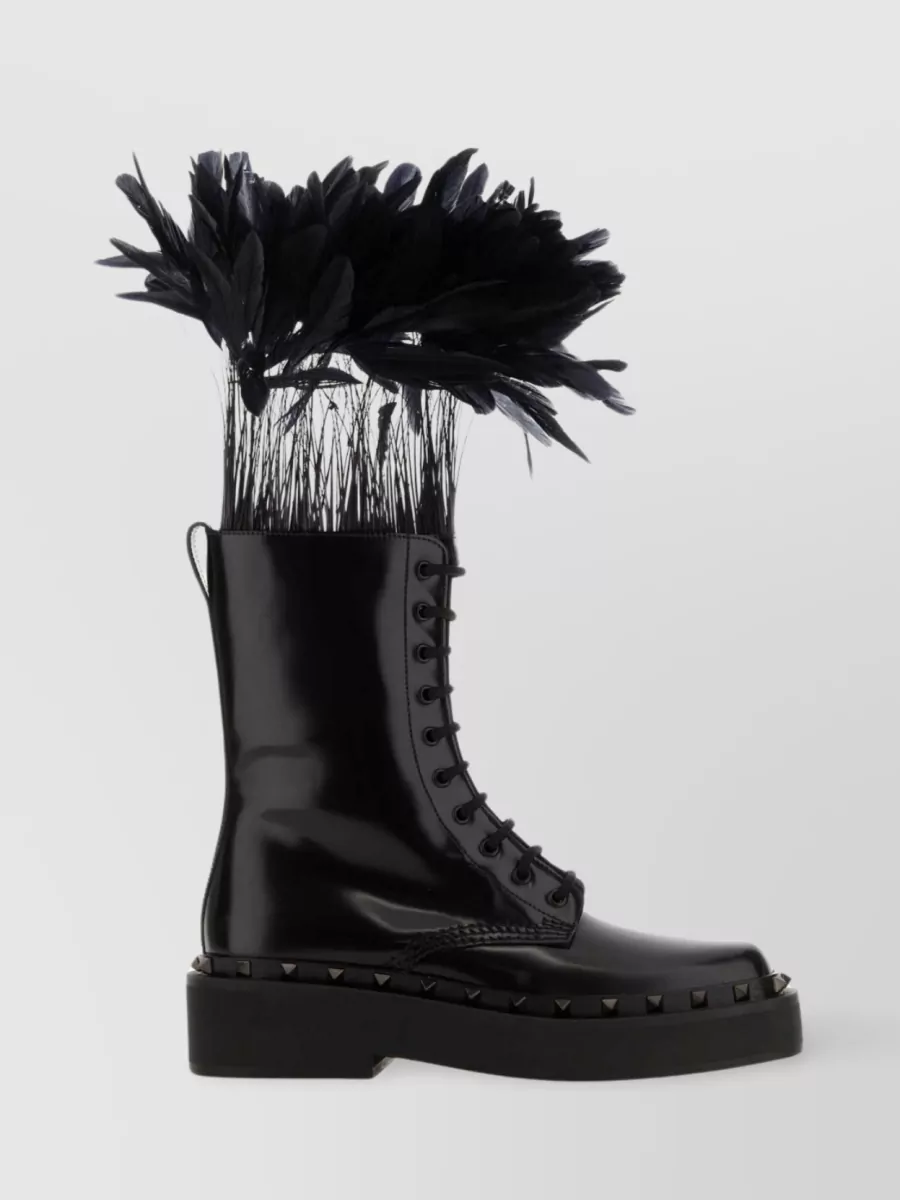 Shop Valentino Bold Sole Patent Boots With Feather Studs In Black