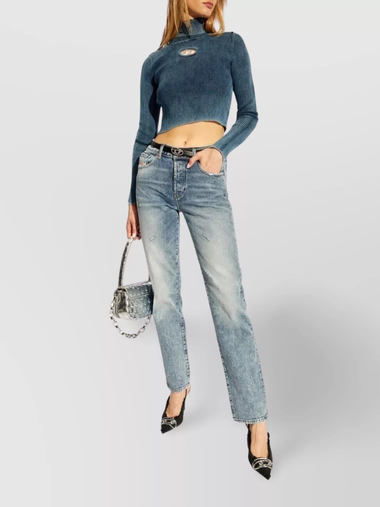 Diesel Cropped Turtleneck Sweater Ribbed Texture