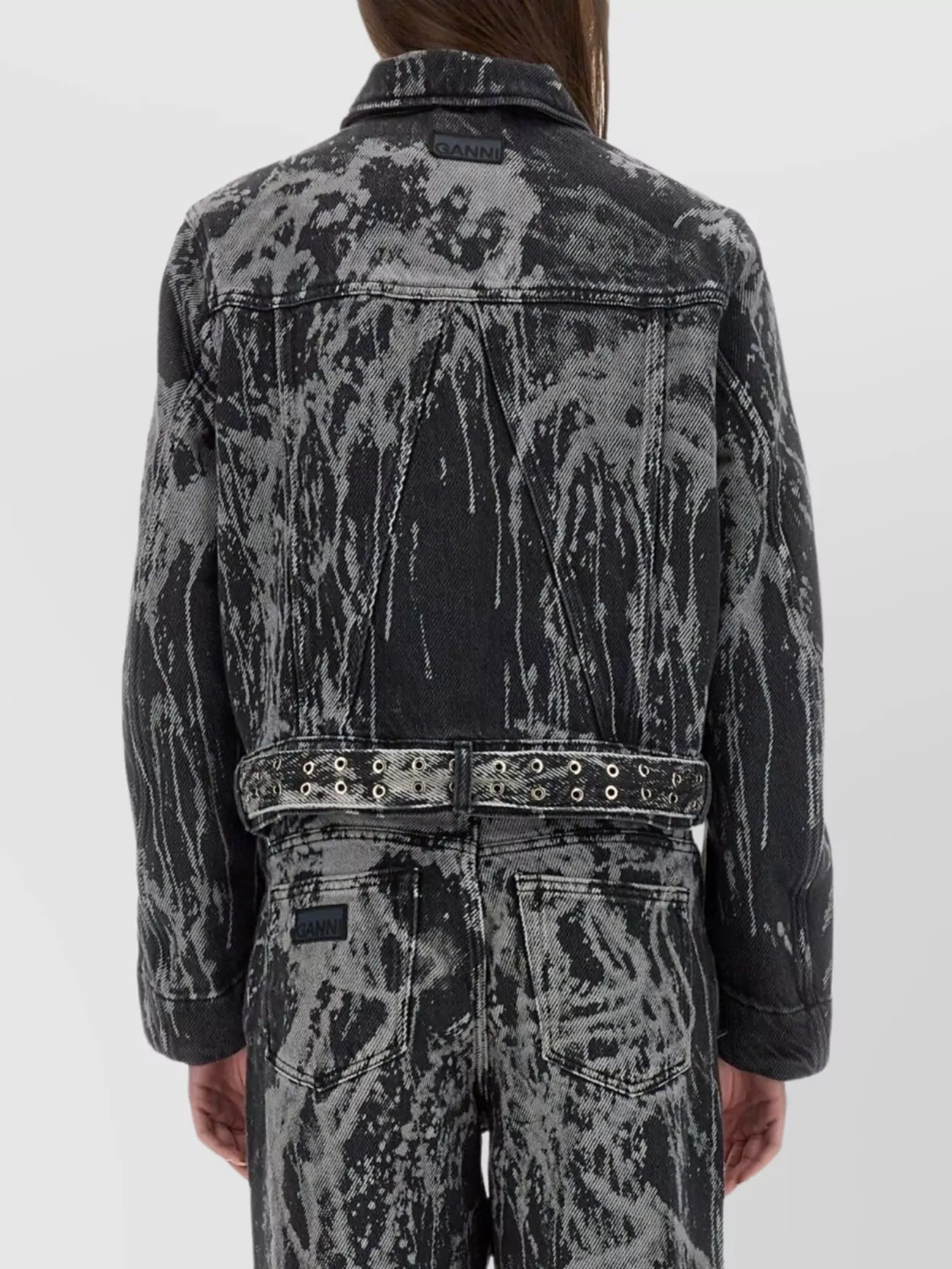 Ganni Denim Jacket With Belted Waist And Chest Pockets