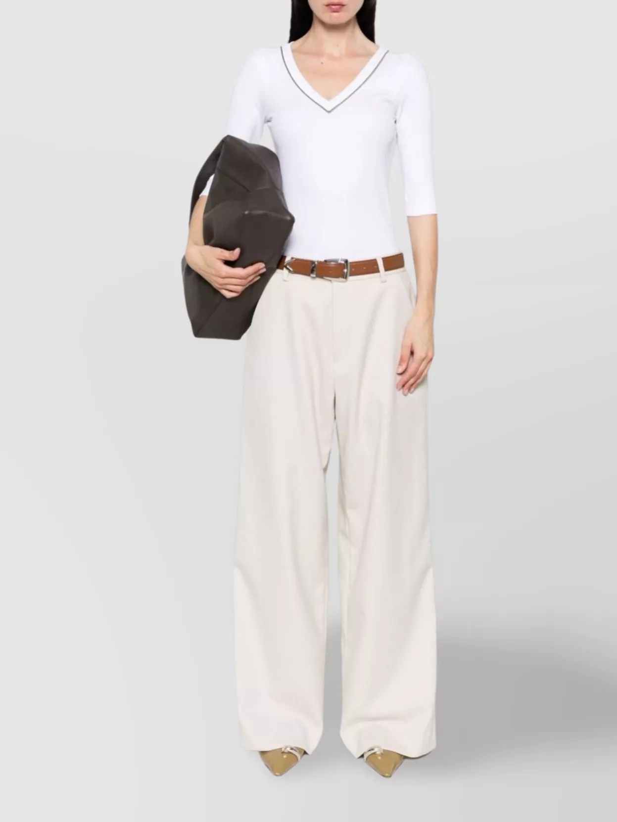 Brunello Cucinelli Ribbed V-neck 3/4 Sleeves Crewneck Contrast Trim In White