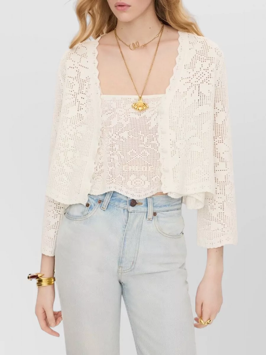 Chloé Cotton Cropped Pointelle-Knit V-Neck Long-Sleeve Cardigan