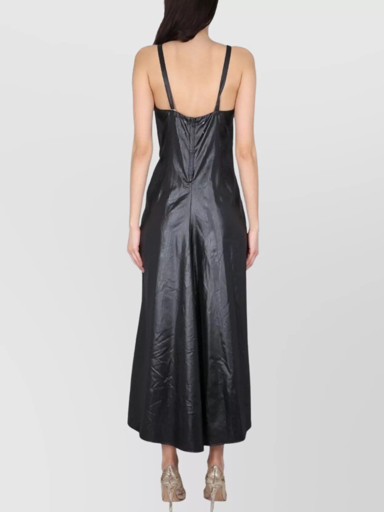 Maison Margiela Maxi Ruched Shiny Spaghetti V-Neck Dress