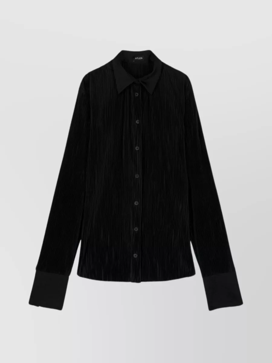 Shop Atlein Plissé Button-up Shirt With Curved Hem In Black