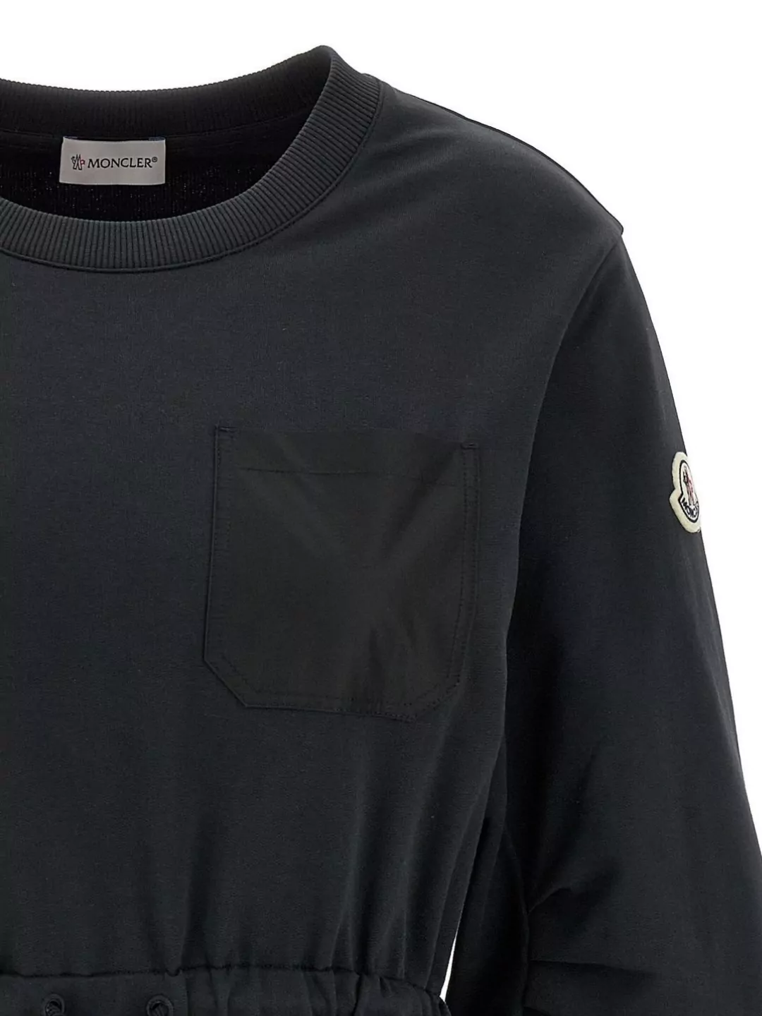 Moncler Black Dress With Elastic Waist And Logo Patch On The Sleeve In Tech Fabric Woman