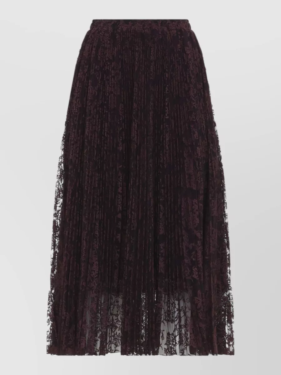 Ermanno Scervino Lace pleated midi skirt — The deep plum lace pleated maxi mirrors the blouse’s sheer romance and burgundy tonality while keeping the silhouette long and fluid rather than competing with the top’s vertical stripes and ruffles.
