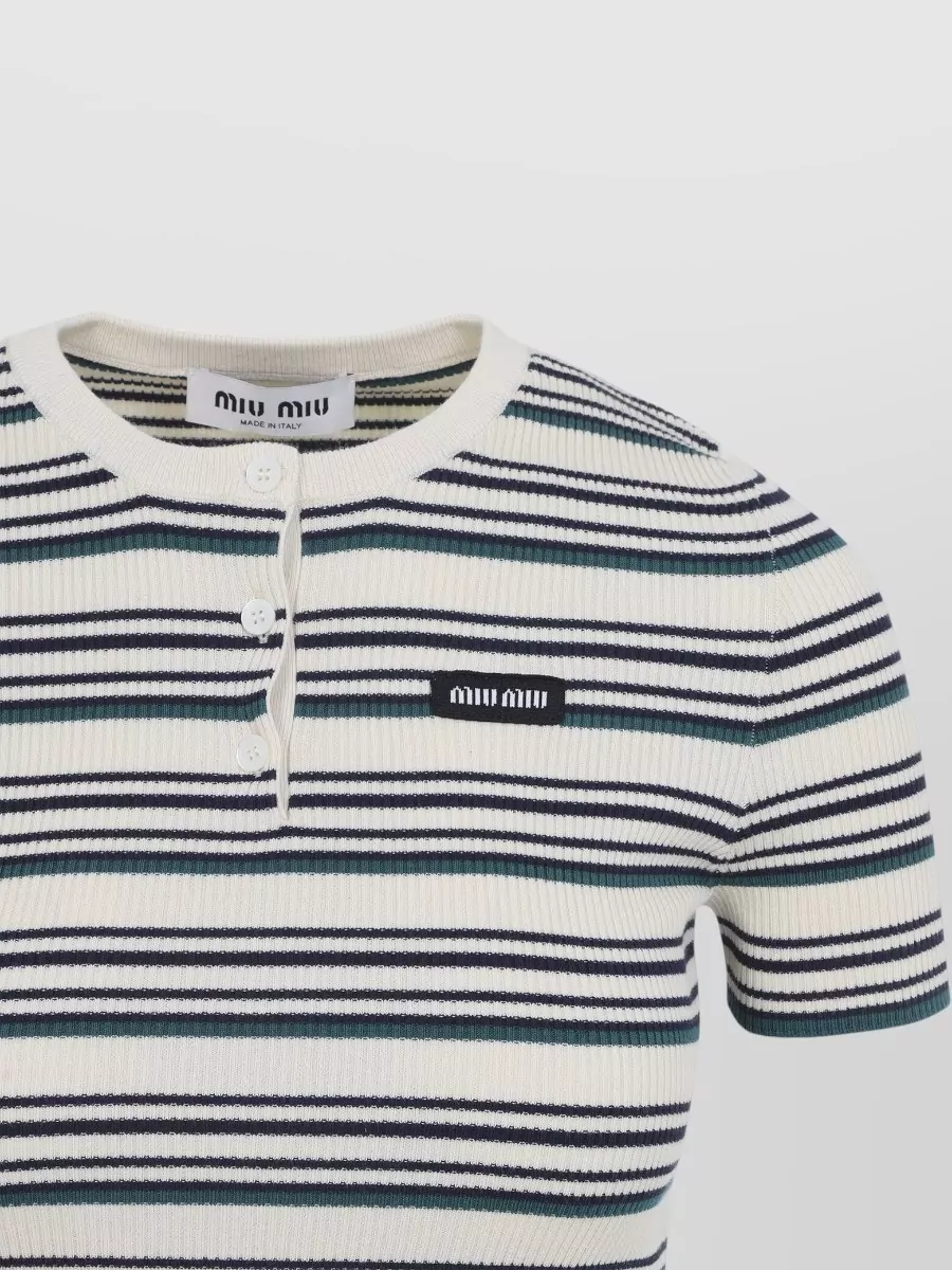 Miu Miu Striped Ribbed Cotton Short-Sleeve Crewneck Sweater