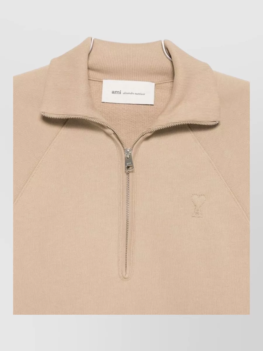 Ami Paris Cotton Quarter-Zip High-Neck Raglan-Sleeve Sweatshirt