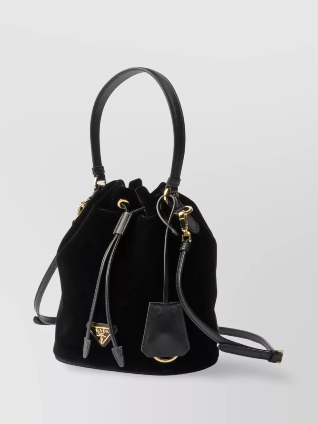 Prada Bucket Bag With Leather Handle And Metal Finishes In Black