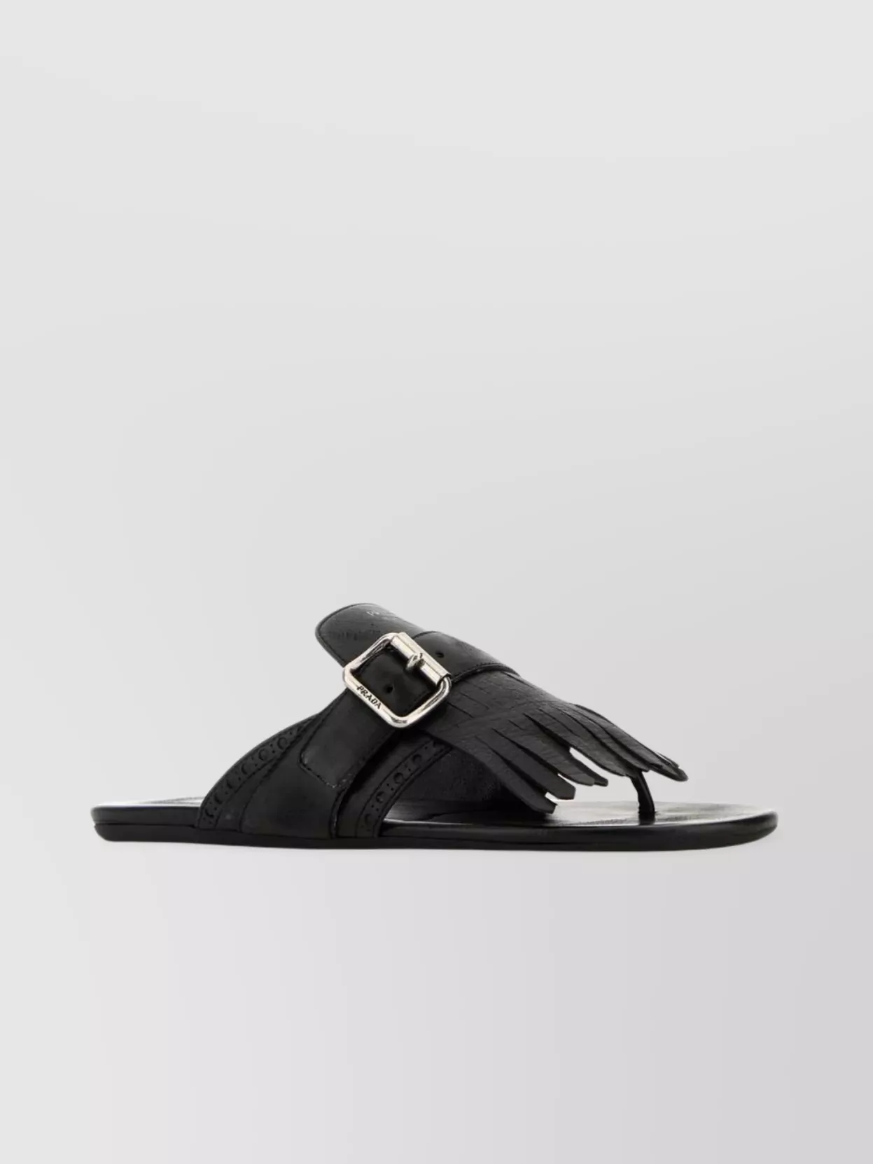 Prada Leather Thong Slippers With Buckle And Fringe