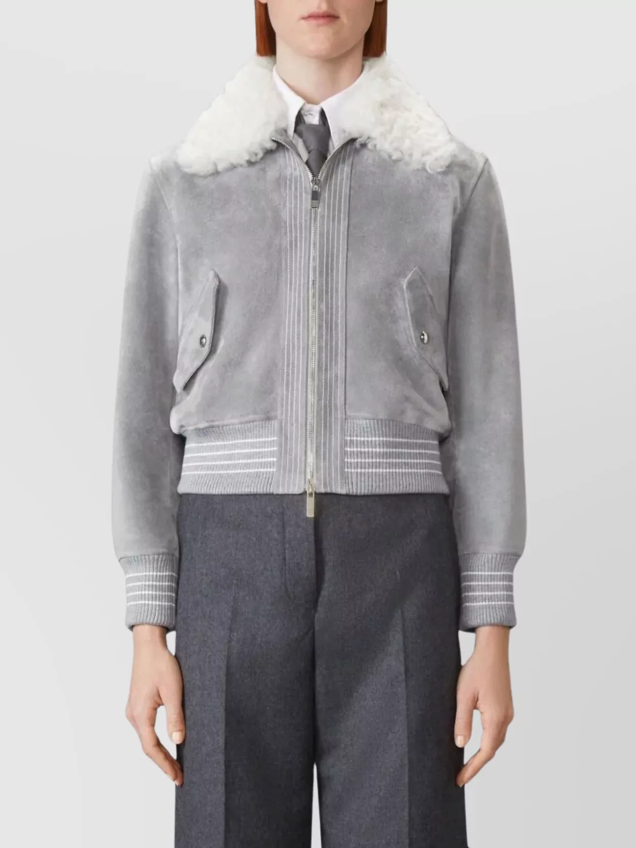 Thom Browne Suede Cropped Flight Jacket Shearling Collar