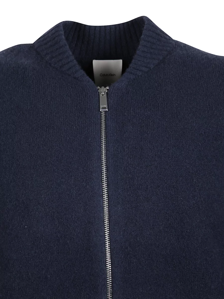 Calvin Klein Wool Cardigan Ribbed Collar Cuffs Hem