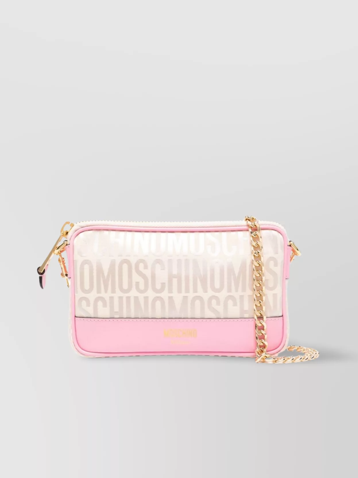 Shop Moschino Logo Jacquard Chain Shoulder Bag In Beige