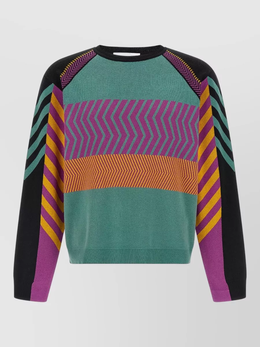 Kiko Kostadinov cotton chevron-striped jacquard-knit panelled crew-neck long-sleeve sweater