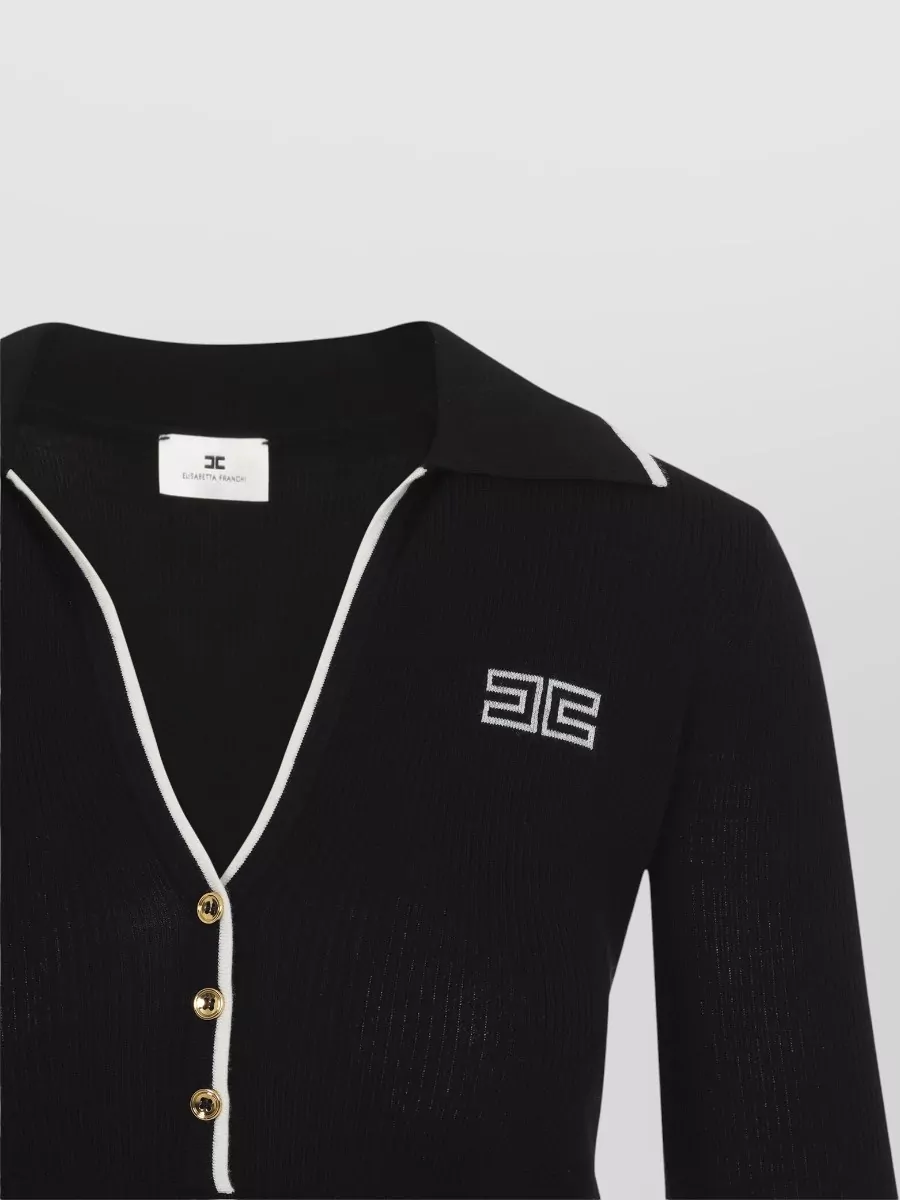 Elisabetta Franchi Wool Ribbed Slim-Fit V-Neck Polo Shirt