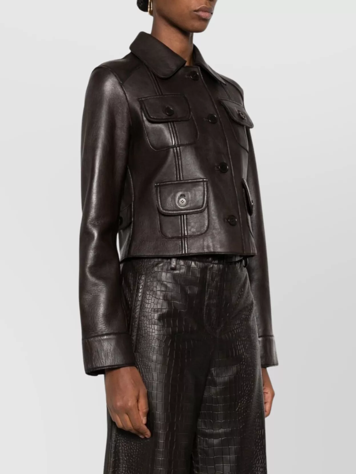 Parosh Collared Leather Jacket Long Sleeves Flap Pockets