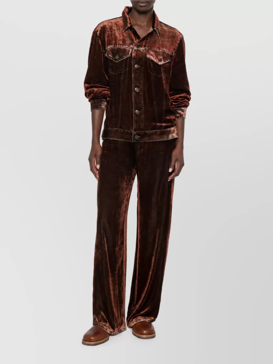 Pierre louise mascia Straight-leg trousers — The chestnut velvet wide-leg balances the shirt’s ornate red tapestry print with a rich but quieter solid, keeping the mood romantic and tailored while grounding the pattern play for fall evenings.