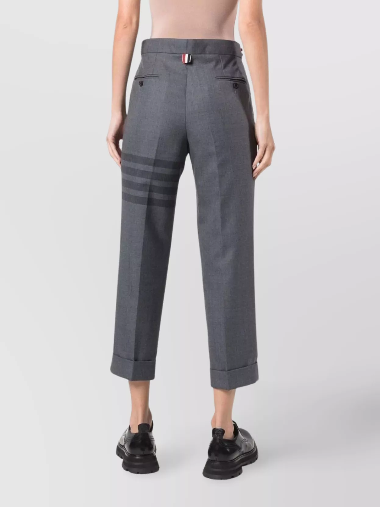 Shop Thom Browne Cropped Trousers With Striped Pattern And Button Detailing
