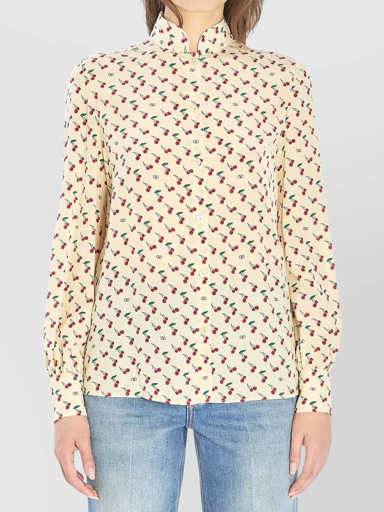 Valentino Cherry Print Long Sleeve Silk Shirt In Neutral