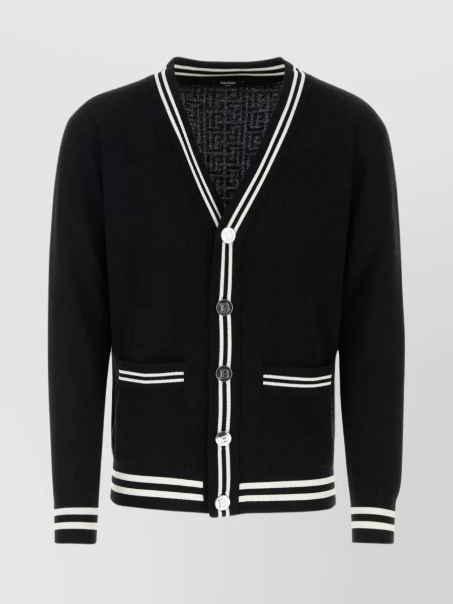 Shop Balmain Ribbed Blend Cardigan With Contrasting Bands And Slit Pockets In Black