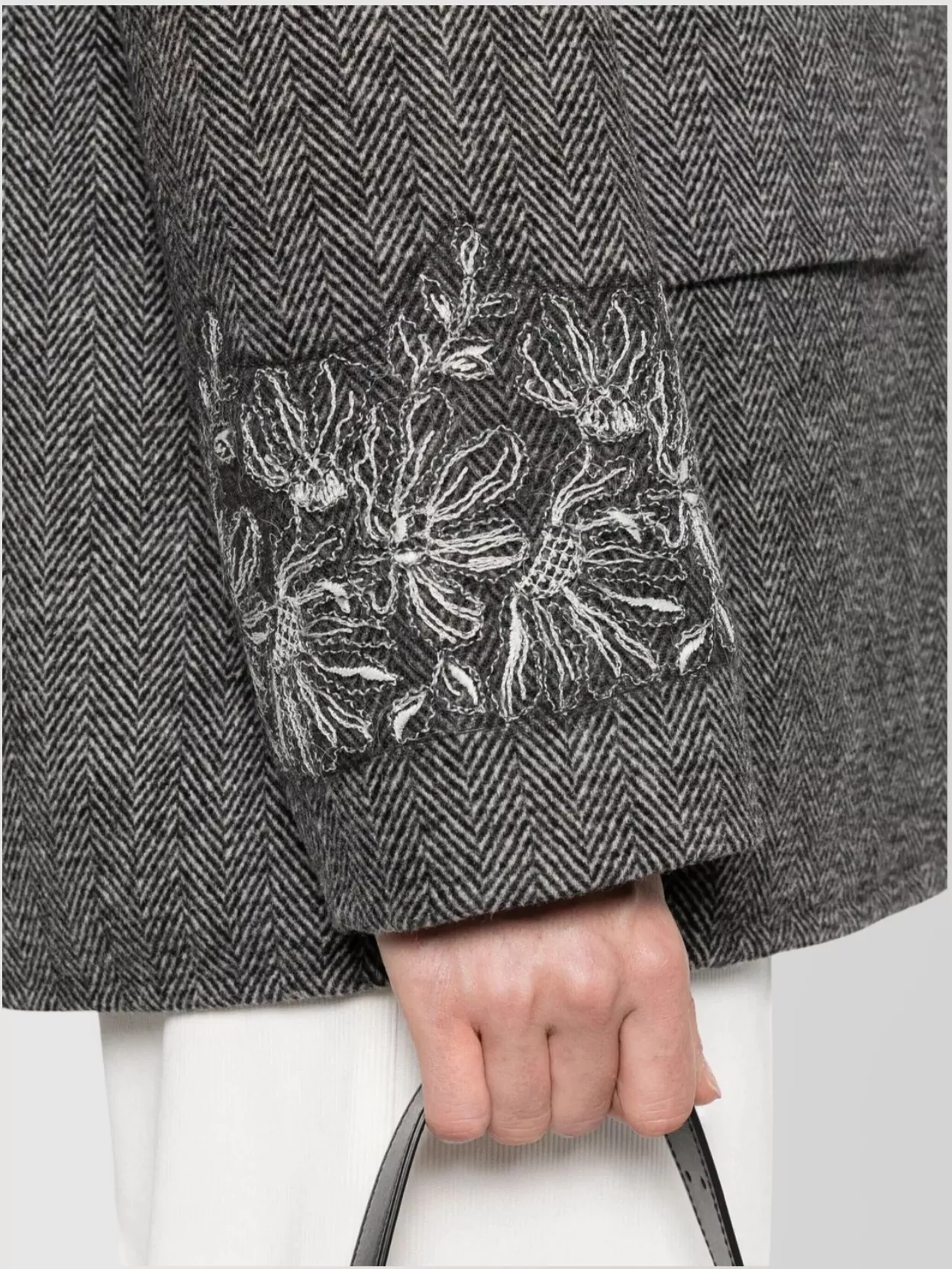 Ermanno Firenze Herringbone Coat Featuring Embroidered Cuffs