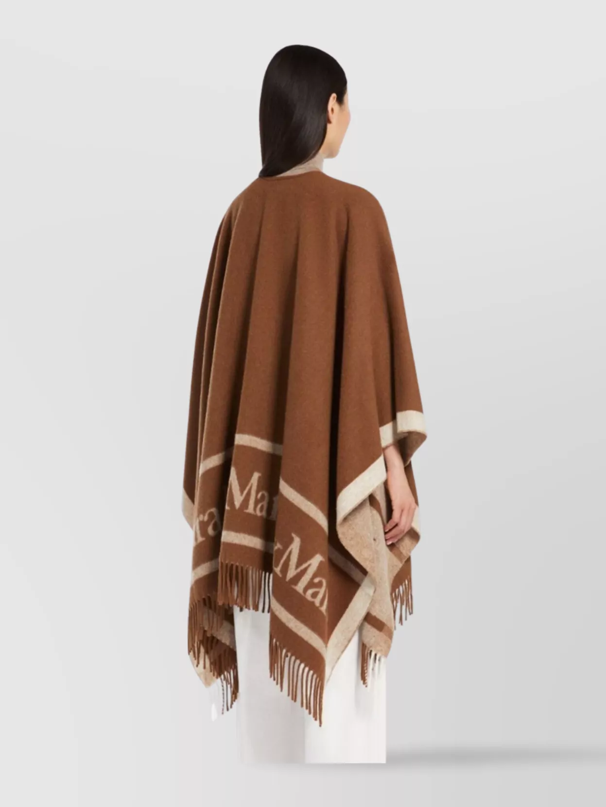 Max Mara Wool Jacquard Fringe Lettering Poncho