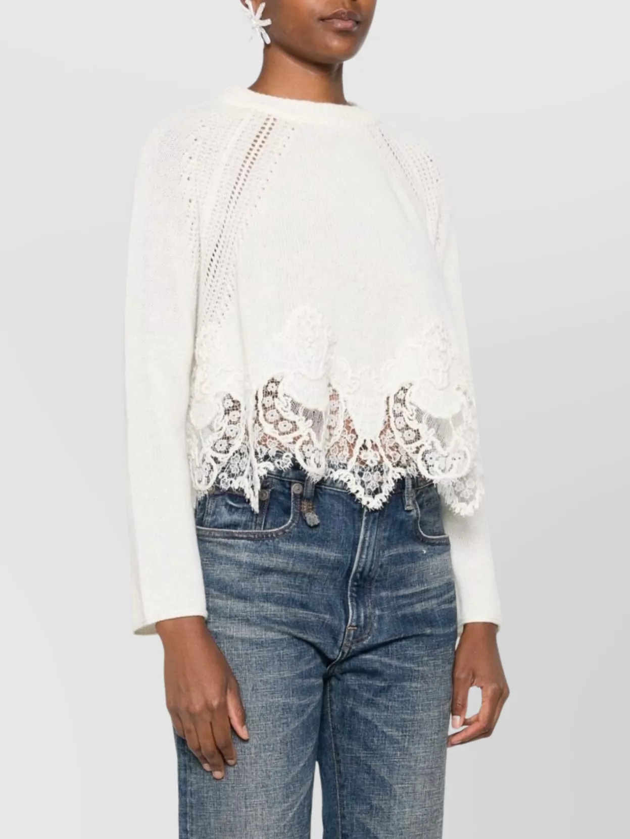 Ermanno Scervino Cropped Cashmere Sweater Lace Hem