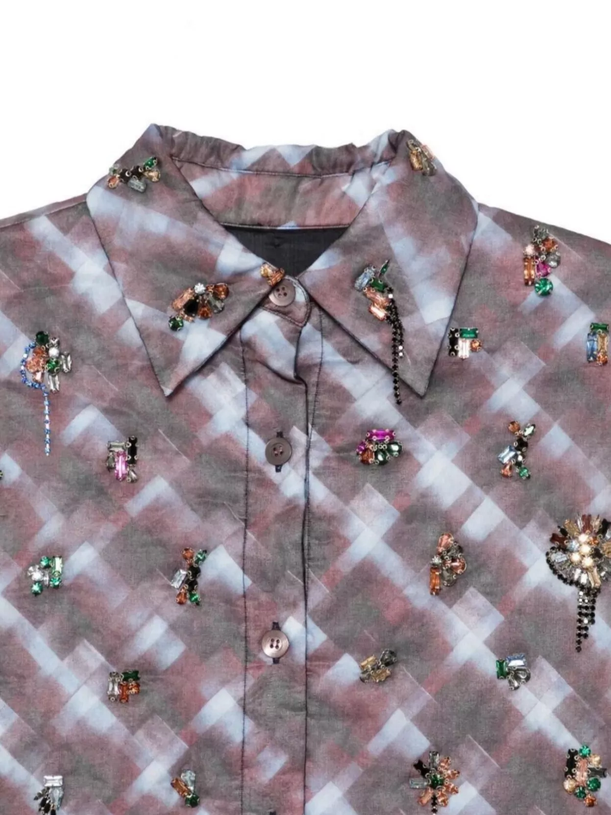 Dries Van Noten Checkered Long Sleeve Embroidered Top In Multi