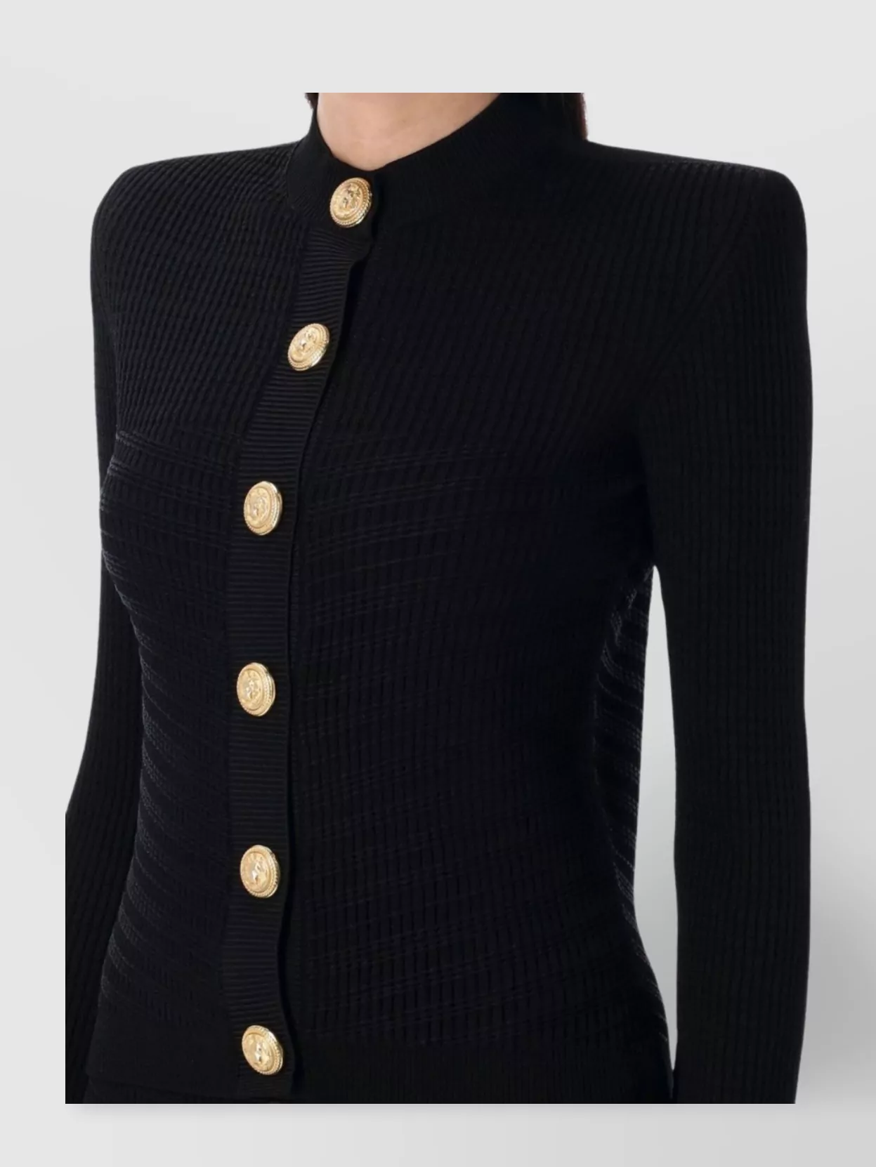 Balmain Ribbed Texture Knit Cardigan With Gold Buttons In Black