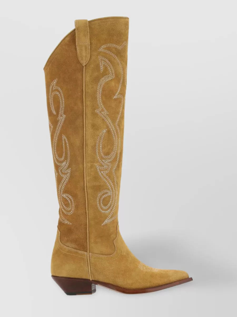 Shop Sonora Suede Boots With Embroidered Accents And Stacked Heel In Brown