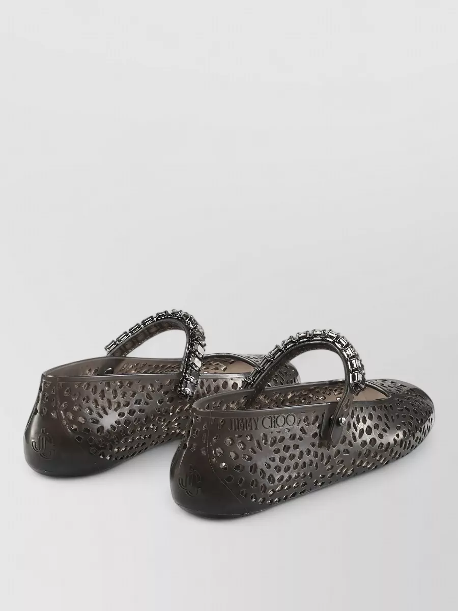 Jimmy Choo Round Toe Perforated Embellished Strap Ballerina Shoes