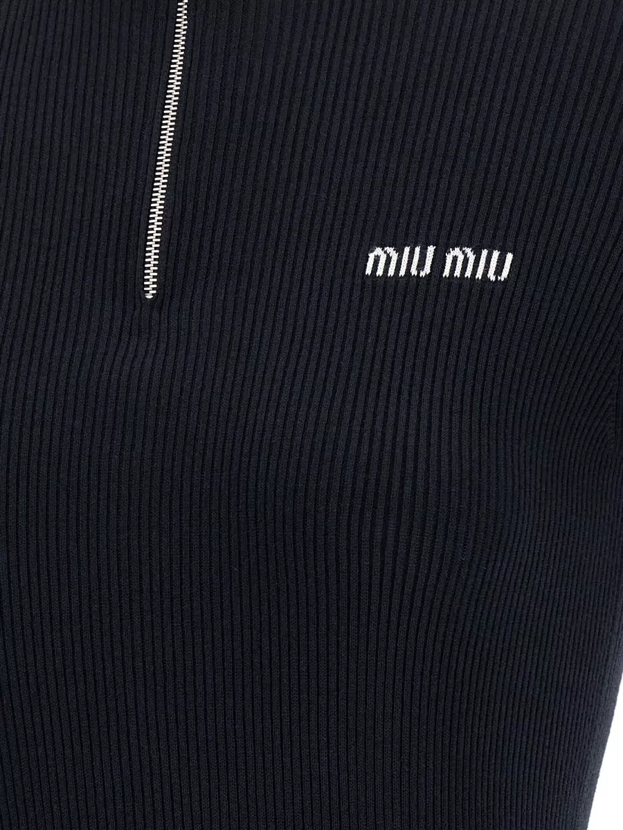 Miu Miu Cotton Ribbed High Neck Short Sleeve Mini Dress